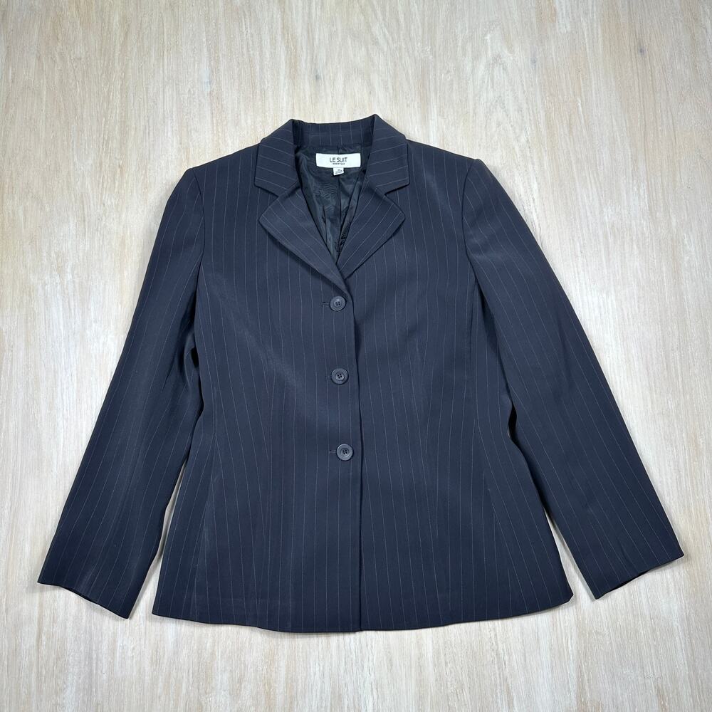 Le Suit Essentials Charcoal Pinstripe Long Sleeve Professional Career Blazer 10